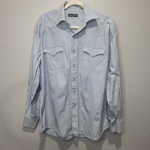 Stetson Men's Blue and White Gingham Plaid Pearl Snap Western Shirt Size L